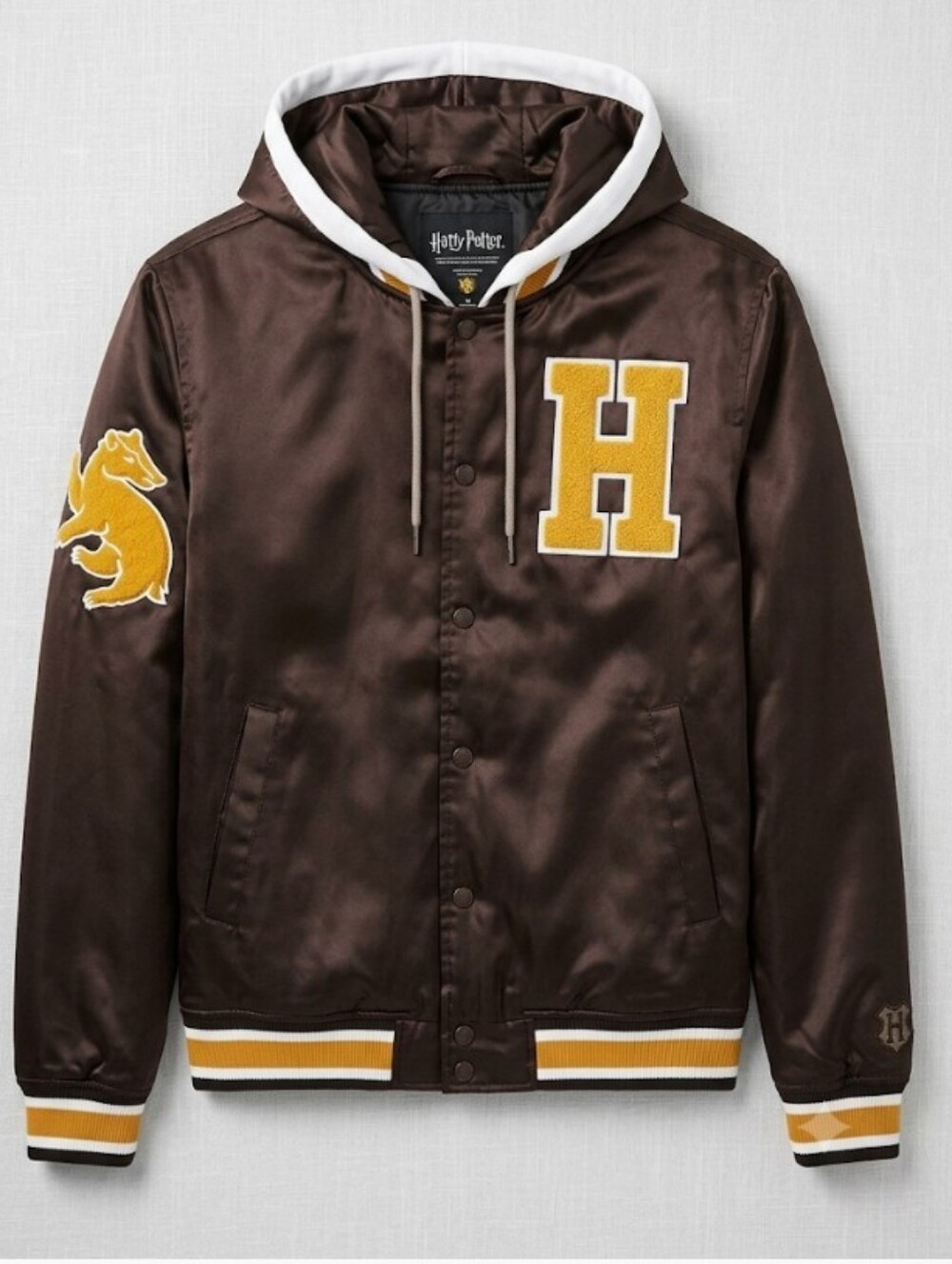 Harry Potter Hufflepuff "Coaches" Satin Varsity Hooded Jacket Brown & Gold (S)
